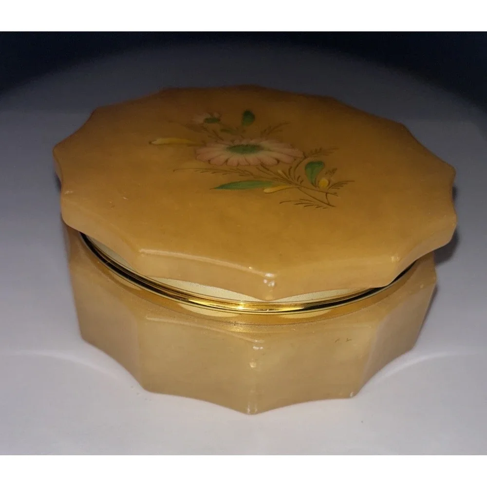 Alabaster Trinket Box Vintage Hand Carved Hinged Round Made In Italy